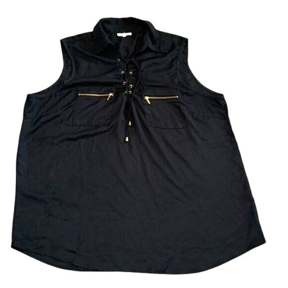 Sleeveless Black Lace-Up Blouse With Gold Zipper Pockets Mileage Brand 3X Polyes - Picture 1 of 7